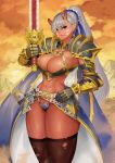  1girl abs armor bikini_armor blue_eyes breasts broken_horn cape demon_horns eguchi_tumoru gauntlets heterochromia highres holding holding_sword holding_weapon horns jewelry large_breasts mountain muscle muscular_female original pauldrons ponytail red_eyes shoulder_armor sky solo sword tan thick_thighs thighs warrior weapon white_hair 