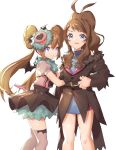  2girls ankea_(a-ramo-do) arm_hug bangs beige_legwear blue_eyes brown_hair closed_mouth double_bun eyelashes gen_5_pokemon high_ponytail highres long_hair looking_at_viewer looking_to_the_side mei_(pokemon) multiple_girls pokemon pokemon_(game) pokemon_bw pokemon_bw2 shiny shiny_skin sidelocks smile swoobat thigh-highs touko_(pokemon) turtleneck twintails very_long_hair white_background wings 