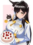  1girl animal_ears atago_(azur_lane) azur_lane bangs black_hair blush breasts cake candle closed_mouth commentary_request dessert dog dog_ears extra_ears food fruit hair_behind_ear heart holding holding_plate icing kagiyama_(clave) large_breasts long_hair manjuu_(azur_lane) military military_uniform mole mole_under_eye pastry pink_background pink_lips plate ribbon smile strawberry swept_bangs uniform white_ribbon yellow_eyes 