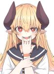  1girl blonde_hair bracelet demon_girl face fangs fingernails hair_between_eyes highres horns jewelry long_fingernails long_hair original pointy_ears red_eyes school_uniform simple_background smile solo teeth tongue tongue_out uniform upper_body white_background zizi_niisan 