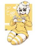  1girl bangs black_eyes borrowed_character breasts bright_pupils character_name dripping egg egg_(lemyawn) full_body heart heart_hands joshua_pixels long_sleeves looking_at_viewer medium_hair orange_sweater original outline parted_lips pixel_art seiza sitting skindentation smile solo striped striped_legwear sunny_side_up_egg sweater thigh-highs white_hair white_outline white_pupils 