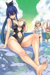  3girls :d absurdres animal_ears arm_up bangs barefoot bikini bikini_bottom black_swimsuit blue_hair bow breasts casual_one-piece_swimsuit choker closed_eyes clouds collarbone day eden&#039;s_zero eyebrows_visible_through_hair frilled_swimsuit frills full_body green_sky green_swimsuit grin hair_between_eyes hair_bow heart heart_print highres homura_kogetsu large_breasts long_hair looking_at_viewer mashima_hiro multiple_girls navel ocean official_art one-piece_swimsuit open_mouth outdoors pink_hair pino_(eden&#039;s_zero) rabbit_ears rebecca_(eden&#039;s_zero) red_bikini red_bow red_eyes shiny shiny_hair shirt short_hair silver_hair sitting sleeveless sleeveless_shirt smile soles stomach_cutout strapless strapless_swimsuit swimsuit very_long_hair wading white_shirt 