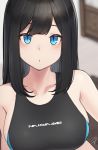  1girl bangs bare_shoulders black_hair black_swimsuit blue_eyes blush breasts competition_swimsuit hayabusa highres large_breasts long_hair looking_at_viewer one-piece_swimsuit open_mouth original slit_pupils swimsuit 