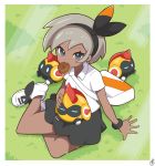  1girl alternate_costume bag black_skirt bracelet collared_shirt commentary_request day eyelashes falinks food food_in_mouth gen_8_pokemon grass grey_eyes grey_hair hairband highres jewelry light_beam mouth_hold on_lap outdoors pokemon pokemon_(creature) pokemon_(game) pokemon_on_lap pokemon_swsh saitou_(pokemon) school_uniform shirt shoes short_hair short_sleeves shoulder_bag sitting skirt tanitaniyaaan white_footwear white_shirt yokozuwari 