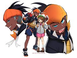  1boy 1girl artist_name backpack bag bangs black_hair blue_eyes blush boots brown_eyes brown_footwear brown_hair cardigan claw_pose commentary dark_skin dark_skinned_male dress earrings gloves green_headwear grey_cardigan gym_leader hood jewelry kibana_(pokemon) long_sleeves looking_at_viewer open_mouth orange_headwear pink_dress pokemon pokemon_(game) pokemon_swsh pokey self_shot short_hair shorts smile socks tam_o&#039;_shanter teeth tongue white_legwear yuuri_(pokemon) 