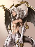  1boy albino claws closed_mouth dragon_horns dragon_tail dragon_wings hair_between_eyes highres horns kotatsu_(g-rough) male_focus monster_boy navel original pointy_ears red_eyes solo tail white_hair wings 