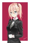  1girl alternate_costume arrichee blonde_hair blue_eyes bow bowtie butler closed_mouth commentary double-breasted gloves hayasaka_ai highres kaguya-sama_wa_kokurasetai_~tensai-tachi_no_renai_zunousen~ long_hair looking_at_viewer red_background side_ponytail simple_background solo tuxedo twitter_username upper_body white_gloves 