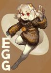  1girl absurdres bare_legs barefoot borrowed_character character_name dripping egg egg_(lemyawn) eyebrows_visible_through_hair eyes_visible_through_hair full_body grey_hair hand_up highres impforhire looking_at_viewer medium_hair open_mouth orange_sweater original red_eyes ribbed_sweater shadow smile solo sunny_side_up_egg sweater 