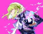  1boy ascot black_gloves black_jacket blue_fire commentary earrings eyebrows_behind_hair fire gloves green_hair jacket jewelry karasu_btk lio_fotia long_sleeves looking_to_the_side male_focus pink_background pink_eyes pink_fire profile promare serious short_hair simple_background solo triangle_earrings upper_body white_neckwear 
