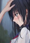  1girl azuki_yui bangs black_eyes black_hair blurry blurry_background crying crying_with_eyes_open gloomy hair_over_eyes hair_over_shoulder hand_on_another&#039;s_head highres looking_down neckerchief original outdoors rain red_neckwear school_uniform serafuku solo_focus tears upper_body water_drop wet wet_clothes wet_hair 