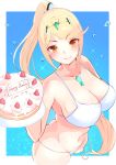  1girl absurdres alternate_hairstyle bangs bikini blonde_hair blue_background blush border breasts cake chest_jewel cowboy_shot food from_above happy_birthday highres mythra_(xenoblade) holding holding_cake holding_food large_breasts long_hair long_ponytail looking_at_viewer risumi_(taka-fallcherryblossom) smile solo swept_bangs swimsuit tiara very_long_hair white_bikini white_border xenoblade_(series) xenoblade_2 yellow_eyes 