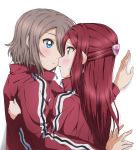  2girls absurdres blue_eyes blush brown_hair couple eye_contact from_side hair_ornament highres jacket long_hair long_sleeves looking_at_another love_live! love_live!_sunshine!! multiple_girls parted_lips red_jacket redhead sakurauchi_riko shiny shiny_hair simple_background sweatdrop track_jacket upper_body watanabe_you white_background yellow_eyes yuchi_(salmon-1000) yuri 