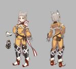  1girl animal_ears arms_at_sides bodysuit closed_mouth concept_art facial_mark grey_background grey_hair hair_ribbon hand_on_hip kawakami_rokkaku multiple_views niyah ribbon simple_background smile solo standing xenoblade_(series) xenoblade_2 yellow_bodysuit yellow_eyes yellow_ribbon 