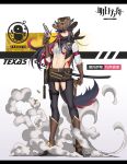  1girl absurdres animal_ear_fluff animal_ears arknights bangs belt black_hair boots brown_belt brown_footwear brown_gloves brown_headwear bullet character_name chinese_commentary commentary_request copyright_name cowboy_hat crop_top ears_through_headwear eyepatch full_body gloves gun hair_between_eyes hand_up handgun hat highres holding holding_gun holding_weapon honeybat katana knee_boots long_hair long_sleeves looking_at_viewer midriff multicolored_hair navel penguin_logistics_logo pistol redhead revolver scabbard sheath sheathed shirt smoke solo standing stomach sword tail texas_(arknights) very_long_hair weapon western white_background white_shirt wolf_ears wolf_tail yellow_eyes 