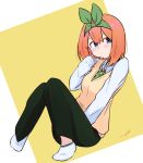  1girl ankle_socks bangs blue_eyes blush breasts closed_mouth collared_shirt commentary_request eyebrows_behind_hair full_body go-toubun_no_hanayome green_neckwear green_pants green_ribbon hair_between_eyes hair_ribbon hand_up highres knees_together_feet_apart knees_up kujou_karasuma long_sleeves looking_at_viewer nakano_yotsuba necktie orange_hair pants plaid_neckwear ribbon shirt signature sleeves_past_wrists small_breasts solo sweater_vest two-tone_background white_background white_legwear white_shirt yellow_background 