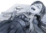  1girl braid closed_eyes dress french_braid greyscale hair_ornament honzuki_no_gekokujou jewelry kousaku long_hair long_sleeves maine_(honzuki_no_gekokujou) monochrome mouth_drool open_mouth pleated_dress ring smile solo upper_body wide_sleeves 