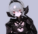  1girl anchovy_ff14 armor au_ra c_m_m clawed_gauntlets cleavage_cutout face final_fantasy final_fantasy_xiv gauntlets grey_background grey_hair hair_between_eyes horns pauldrons red_eyes short_hair shoulder_armor simple_background solo tiara turtleneck upper_body vambraces 