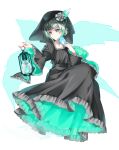  1girl aosagi_hikariko bird blue_fire bow cellphone collarbone dress fire frills ghost_tail green_eyes green_hair grey_dress hair_bun hat hichou highres holding holding_lantern hollow_song_of_birds lantern looking_away phone solo veil 