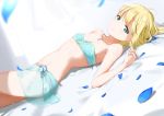  1girl ahoge artoria_pendragon_(all) bangs bed_sheet bikini blonde_hair blue_bikini breasts closed_mouth collarbone fate/stay_night fate_(series) green_eyes hair_between_eyes highres jewelry looking_at_viewer lying necklace on_back petals saber sarong shiny shiny_hair short_hair small_breasts solo strapless strapless_bikini swimsuit zagashira 