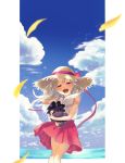  1girl :d berserker blue_sky blurry_foreground bow character_doll clouds fate/stay_night fate_(series) floating_hair half-closed_eyes hand_on_headwear hat hat_bow hat_ribbon highres illyasviel_von_einzbern long_hair looking_at_viewer miniskirt okamino open_mouth pink_eyes pleated_skirt red_bow red_ribbon red_skirt ribbon shirt silver_hair skirt sky sleeveless sleeveless_shirt smile solo standing straw_hat sun_hat very_long_hair white_shirt 