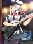  1girl adapted_costume amplifier_(instrument) black_legwear black_skirt blonde_hair breasts capelet cowboy_shot electric_guitar graf_zeppelin_(kantai_collection) guitar hair_between_eyes hat highres holding holding_instrument instrument kantai_collection medium_breasts miniskirt music pantyhose peaked_cap playing_instrument pleated_skirt sebunsu sidelocks skirt solo standing sweat twintails violet_eyes 