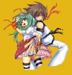  1boy 1girl bare_shoulders black_belt brown_hair couple detached_sleeves green_eyes green_hair happy hikaru_(mini_fighter) kang_hyuk long_hair looking_at_viewer martial_artist medium_hair mini_fighter official_art pink_skirt red_headband ruffled_skirt short_sleeves smile striped_legwear teeth twintails victory_sign violet_eyes white_outfit white_shirt wink yellow_background 