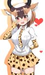  1girl animal_ear_fluff animal_ears animal_print arm_behind_back bangs blush breast_pocket brown_hair cheetah_(kemono_friends) cheetah_(kemono_friends)_(cosplay) cheetah_print collared_shirt cosplay elbow_gloves embarrassed furrowed_eyebrows gloves hair_between_eyes hand_on_own_cheek hand_up heart highres horizontal_pupils horns kemono_friends light_brown_hair looking_down medium_hair miniskirt multicolored_hair necktie open_mouth pleated_skirt pocket print_gloves print_legwear print_neckwear print_skirt pronghorn_(kemono_friends) red_eyes shirt short_sleeves skirt solo thigh-highs tsuchinokonoko wavy_mouth white_hair white_shirt wing_collar zettai_ryouiki 