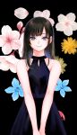  1girl bare_arms bare_shoulders black_background black_dress brown_hair closed_mouth dress floral_background flower hair_flower hair_ornament highres long_hair looking_at_viewer negative_space nikaidou_kou original pink_flower smile solo upper_body v_arms violet_eyes 