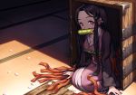  1girl bara_(totocos) black_hair collarbone hair_ribbon haori highres indoors japanese_clothes kamado_nezuko kimetsu_no_yaiba kimono kneeling long_hair long_sleeves multicolored_hair orange_hair petals pink_eyes pink_kimono purple_ribbon ribbon solo two-tone_hair very_long_hair 