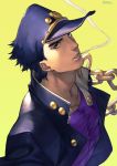  1boy chain cigarette coat green_eyes halftone halftone_background hat highres jojo_no_kimyou_na_bouken kotatsu_(g-rough) kuujou_joutarou looking_at_viewer male_focus mouth_hold open_clothes open_coat peaked_cap purple_coat purple_hair purple_headwear purple_shirt shirt smoke smoking solo upper_body yellow_background 