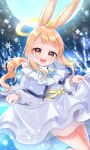  1girl :d angel angel_wings animal_ears blonde_hair character_request copyright_request dress dress_lift halo highres kaneko_kogane lifted_by_self moon open_mouth rabbit_ears see-through smile snowflakes thighs white_dress wings yellow_eyes 
