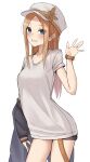 1girl abigail_williams_(fate) absurdres blonde_hair blue_eyes breasts commentary_request eyebrows_visible_through_hair eyes_visible_through_hair fate/grand_order fate_(series) forehead hand_up hat highres kopaka_(karda_nui) long_hair looking_at_viewer shirt small_breasts smile solo t-shirt_dress thighs white_headwear white_shirt 