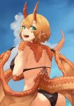 1girl :d absurdres ass bikini black_bikini blonde_hair blue_sky breasts clouds cowboy_shot day dragon_girl dragon_horns dragon_wings fangs from_behind green_eyes hair_between_eyes highres hitokuirou horns large_breasts looking_at_viewer looking_back monster_girl open_mouth original outdoors pointy_ears short_hair signature sky slit_pupils smile solo swimsuit tail wings