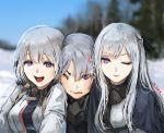  3girls ak-12_(girls_frontline) ak-15_(girls_frontline) anger_vein bangs blurry blurry_background closed_mouth e.de.n gas_mask girl_sandwich girls_frontline long_hair mask_around_neck multiple_girls one_eye_closed open_mouth photo_background rpk-16_(girls_frontline) sandwiched silver_hair violet_eyes 
