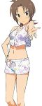  1girl 2014 absurdres annoyed antenna_hair bare_legs brown_eyes brown_hair closed_mouth female hand_on_hip iizuka_yuzu midriff mizukakure_makoto outstretched_hand sakura_trick scan short_hair short_shorts shorts solo star_print 