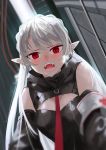  1girl absurdres ao_oni_(onioni-aoi) arknights breasts commentary_request eyelashes fangs highres large_breasts medic open_mouth pale_skin red_eyes slit_pupils solo vampire warfarin_(arknights) white_hair 