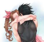  1boy 1girl aerith_gainsborough arms_around_neck bare_arms bare_shoulders black_hair black_shirt blush braid braided_ponytail brown_hair closed_eyes commentary couple crisis_core_final_fantasy_vii crylin6 dress english_commentary final_fantasy final_fantasy_vii from_behind hair_ribbon highres hug jewelry long_hair parted_bangs pink_dress pink_ribbon ribbed_shirt ribbon ring shirt sleeveless sleeveless_shirt spiky_hair upper_body zack_fair 