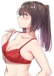  1girl absurdres akizuki_(kancolle) black_hair blush bra breasts collarbone eyebrows_visible_through_hair from_side highres kantai_collection kiritto long_hair medium_breasts navel ponytail red_bra simple_background solo underwear underwear_only upper_body violet_eyes white_background 