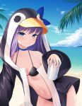  1girl animal_hood bangs bare_shoulders beach bikini black_bikini blue_eyes blue_sky blush bottle breasts choker closed_mouth clouds cloudy_sky collarbone commentary_request cowboy_shot eyebrows_visible_through_hair fate/grand_order fate_(series) hair_between_eyes hand_up highres holding holding_bottle hood horizon jacket long_hair long_sleeves looking_at_viewer meltryllis meltryllis_(swimsuit_lancer)_(fate) navel ocean open_clothes open_jacket penguin_hood purple_hair ribbon sky sleeves_past_fingers sleeves_past_wrists small_breasts smile solo sue_(myblackstar5) swimsuit very_long_hair 