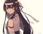  1girl bare_shoulders black_hair detached_sleeves epaulettes floral_print fusou_(kantai_collection) hair_ornament headband kantai_collection long_hair nontraditional_miko red_eyes remodel_(kantai_collection) saitu_miki simple_background solo upper_body white_background white_headband 