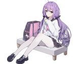  1girl absurdres ahoge azur_lane backpack bag bag_charm bench black_footwear black_sailor_collar black_scrunchie black_skirt cardigan charm_(object) commentary_request full_body hair_ornament hair_scrunchie highres kuo_(kuo114514) loafers long_hair long_sleeves looking_at_viewer low_twintails neckerchief on_bench pantyhose pink_neckwear pleated_skirt purple_hair sailor_collar school_uniform scrunchie serafuku shoes simple_background sitting skirt sleeves_past_wrists solo stuffed_alicorn stuffed_animal stuffed_toy twintails unicorn_(azur_lane) unicorn_(spring&#039;s_present)_(azur_lane) very_long_hair violet_eyes white_background white_cardigan white_legwear x_hair_ornament 