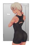  1girl ass bangs black_bodysuit bodysuit closed_mouth commentary eyelashes grey_eyes grey_hair gym_leader hands_up highres pink_lips pokemon pokemon_(game) pokemon_swsh putchers saitou_(pokemon) short_hair solo toned 