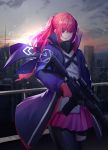  1girl absurdres ar-15 blue_jacket city eyebrows_visible_through_hair girls_frontline gloves gun hair_ribbon hand_on_weapon highres jacket long_hair looking_away madao pink_gloves pink_hair pink_skirt ribbon rifle skirt solo st_ar-15_(girls_frontline) violet_eyes weapon 