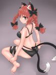  1girl animal_ears bangs bikini black_bikini black_bow black_legwear black_tail bow braid breasts cat_ears cat_tail chups closed_mouth extra_ears eyebrows_visible_through_hair from_side grey_background hair_bow highres kaenbyou_rin looking_at_viewer multiple_tails red_eyes red_nails redhead short_hair solo swimsuit tail touhou twin_braids two_tails 