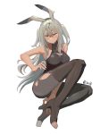  1girl absurdres animal_ears arknights artist_name black_footwear blue_eyes boots breasts hair_between_eyes high_heel_boots high_heels highres inlb leotard long_hair medium_breasts pantyhose savage_(arknights) sidelocks silver_hair simple_background sitting solo thigh-highs thigh_boots torn_clothes torn_legwear twitter_username two_side_up white_background 