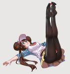  1girl bangs black_legwear blue_eyes blush breasts brown_hair closed_mouth commentary_request double_bun foot_hold full_body highres legs_up long_hair lying mei_(pokemon) no_shoes on_back outstretched_arms pantyhose poke_ball poke_ball_(basic) pokemon pokemon_(game) pokemon_bw2 raglan_sleeves simplecar skirt soles solo toes twintails very_long_hair visor_cap yellow_skirt 
