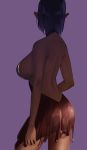  1girl amino_(tn7135) arm_at_side ass blue_hair breasts brown_dress commentary cowboy_shot dark_elf dark_skin dress elf from_behind highres large_breasts legs_apart original pointy_ears purple_background see-through short_dress short_hair shoulder_blades simple_background sleeveless sleeveless_dress solo standing 