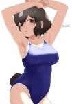  1girl animal_ears armpits arms_up bare_arms bare_shoulders bear_ears bear_girl bear_tail black_hair blue_swimsuit breasts brown_bear_(kemono_friends) brown_eyes collarbone cowboy_shot extra_ears eyebrows_visible_through_hair grey_hair hair_between_eyes half-closed_eyes highres kemono_friends large_breasts looking_at_viewer masuyama_ryou multicolored_hair one-piece_swimsuit parted_lips school_swimsuit sidelocks simple_background solo swimsuit tail two-tone_hair wet wet_face wet_hair white_background 