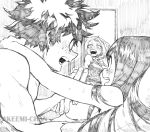 1boy 2girls akeemi-chan asui_tsuyu blush boku_no_hero_academia boy_on_top caught covering covering_breasts door doorway embarrassed graphite_(medium) greyscale hetero highres long_hair lying midoriya_izuku monochrome multiple_girls on_back on_bed open_door open_mouth short_hair surprised sweat sweatdrop traditional_media uraraka_ochako walk-in