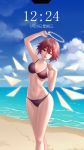  1girl ;d absurdres arknights arm_up bangs bare_arms bare_legs bare_shoulders beach bikini black_bikini blue_sky breasts chinese_commentary clouds commentary_request da_akana_xiv day exusiai_(arknights) feet_out_of_frame footprints hair_between_eyes halo hand_up highres looking_at_viewer medium_breasts navel ocean one_eye_closed open_mouth red_eyes redhead shadow short_hair sky smile solo standing stomach swimsuit thighs translation_request water 